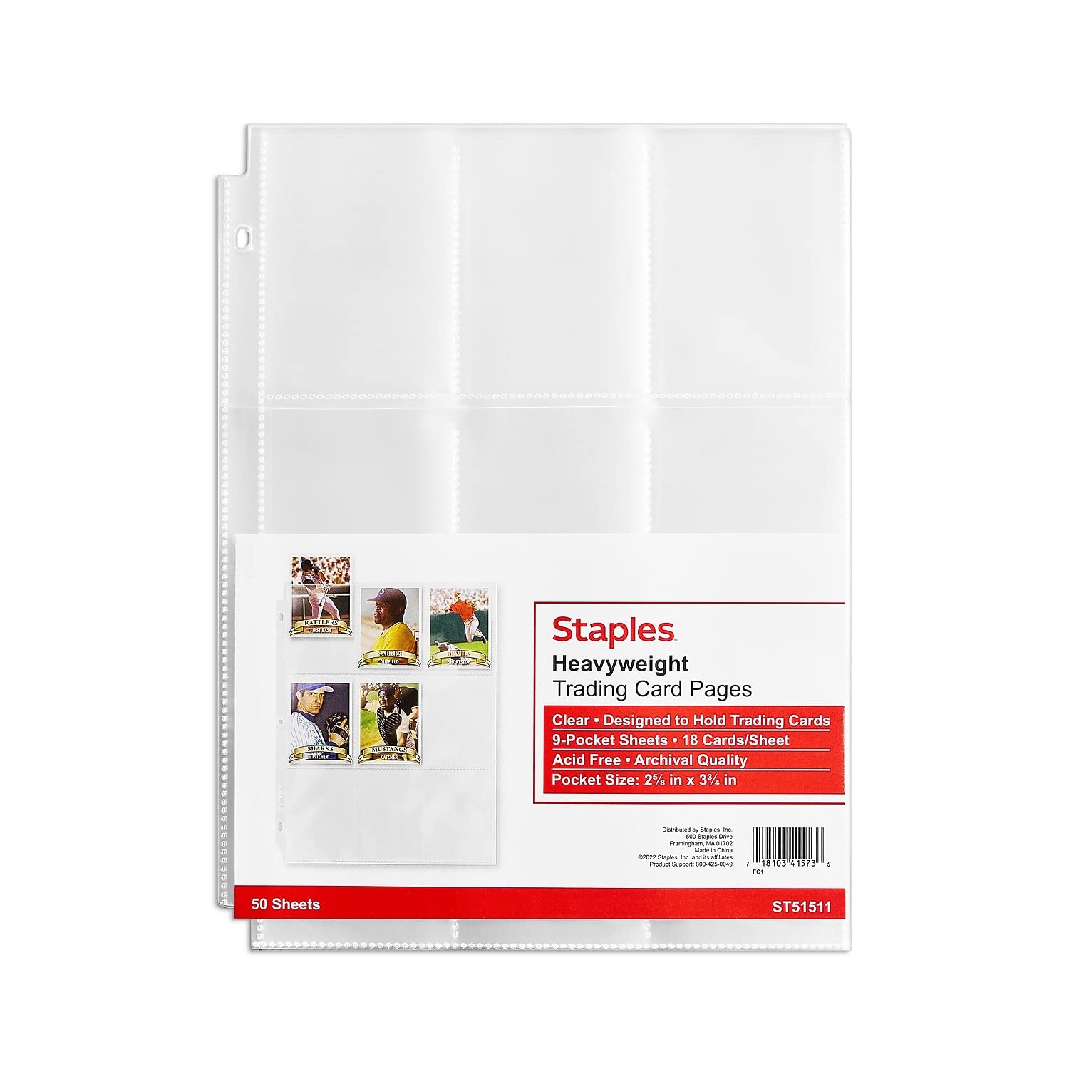 Amazon.com: Staples Trading Card Pages, 9‑Pocket Clear Sheet Protectors,  3‑Hole Punched for Standard Binders, Acid‑Free Card Storage, 50‑Pack : Toys  & Games