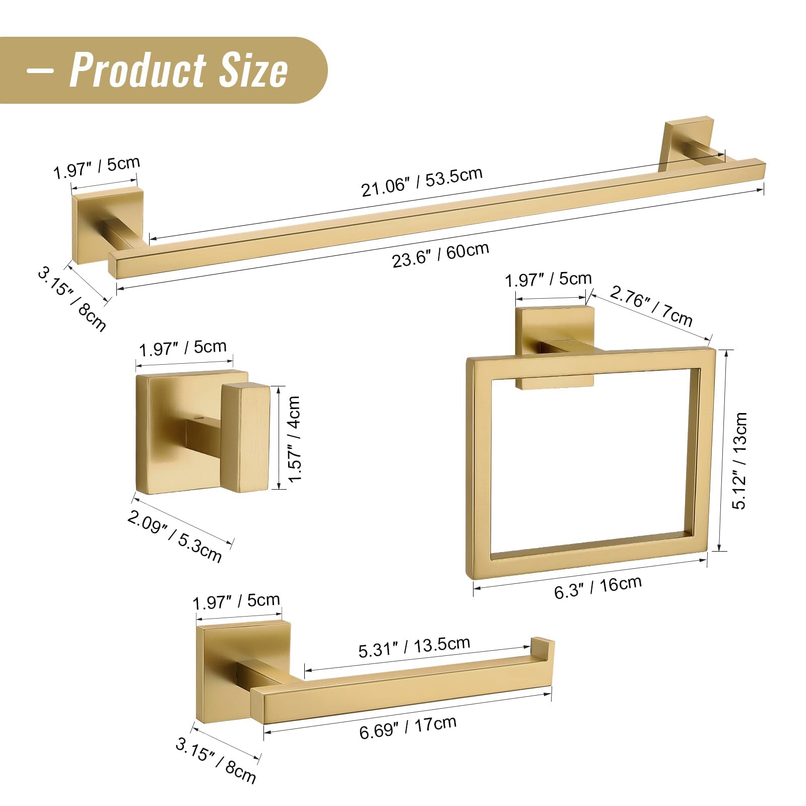 YACVCL 5-teiliges Badezimmer-Hardware-Zubehör-Set, gebürstetes Gold, 50 cm, Handtuchhalter für Badezimmer, SUS304 Edelstahl-Handtuchhalter, Wandmontage