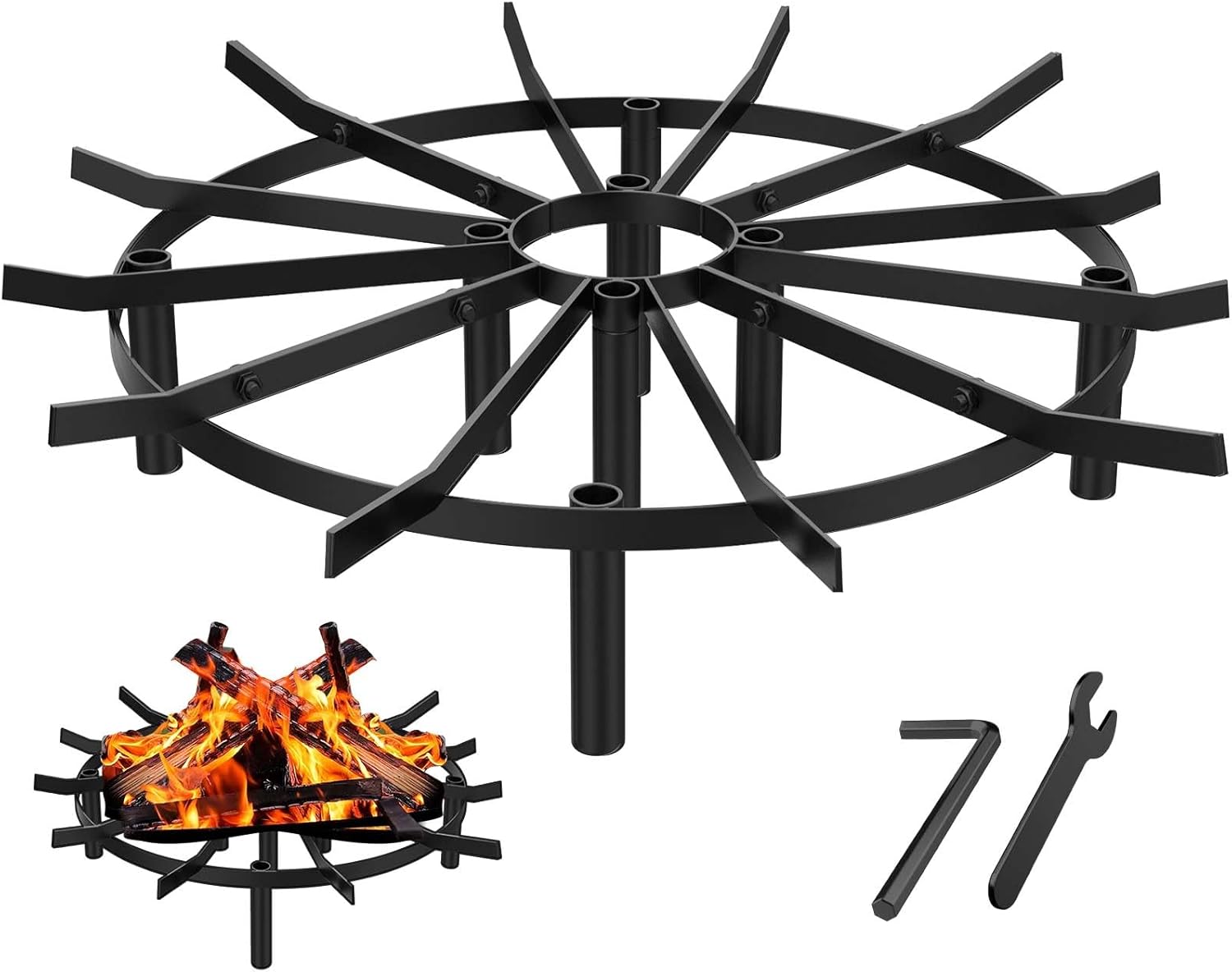24" Round Fire Pit Grate - 8-Leg Design with 12 Bars, Reinforced Rim & High-Temp Powder Coat for Ultimate Stability & Safety - Ideal for Fireplace, Hearth, Wood Stove and Outdoor Campfire