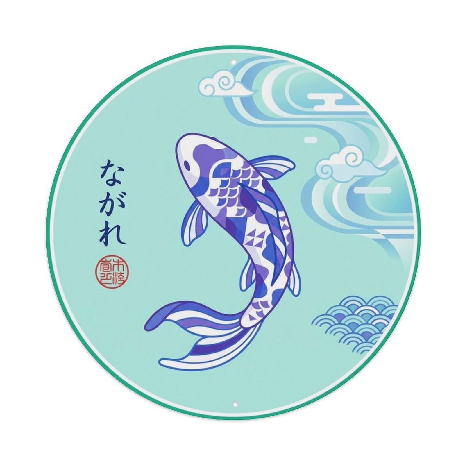 Emerald Flowing Koi Japanese Wave Water Zen Metal Tin Sign