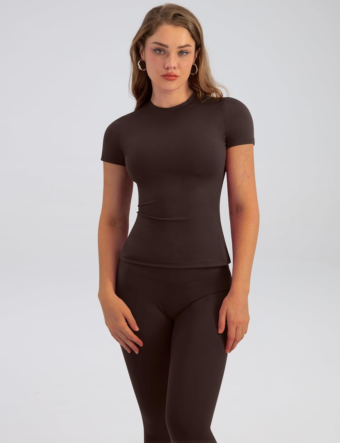 Relety Womens Two Piece Workout Sets Slim Fit Short Sleeve Shirt High Waist Leggings Yoga Outfits Matching Gym Set - Image 5