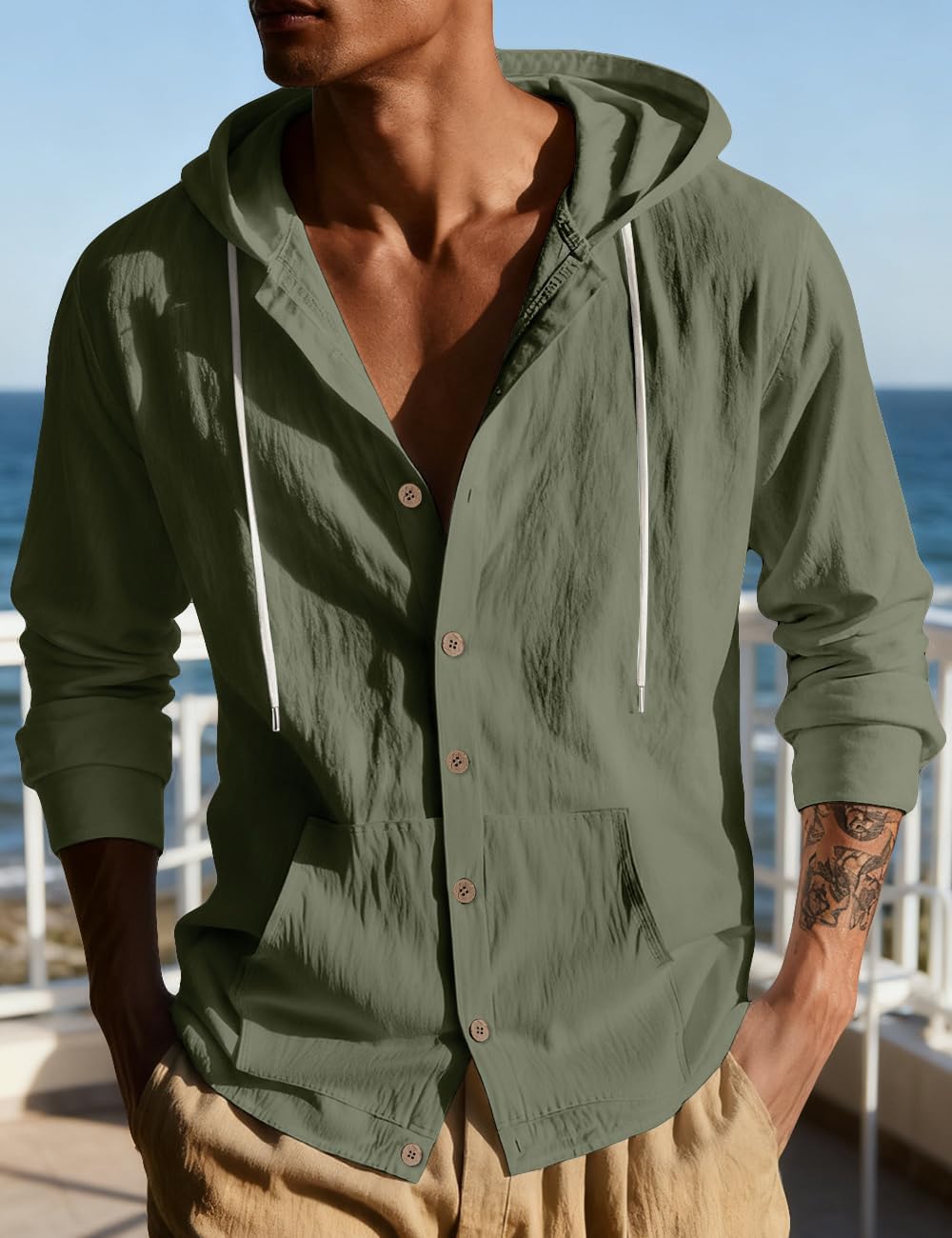 Linen Shirts for Men Casual Long Sleeve Button Down Shirts with Pocket Hoodies Shirt Lightweight Fashion Tops Vacation - Image 3