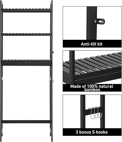 Miniatura 6 de HITOMEN Armario de almacenamiento sobre el inodoro, estante ajustable de bambú de 3 niveles sobre el inodoro, organizador estable independiente