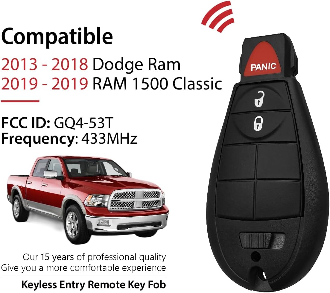 Replacement for 2013 2014 2015 2016 2017 2018 2019 Dodge Ram 1500 Classic Key Fob Remote Control GQ4-53T 3 Buttons 433MHz - 2 Pack