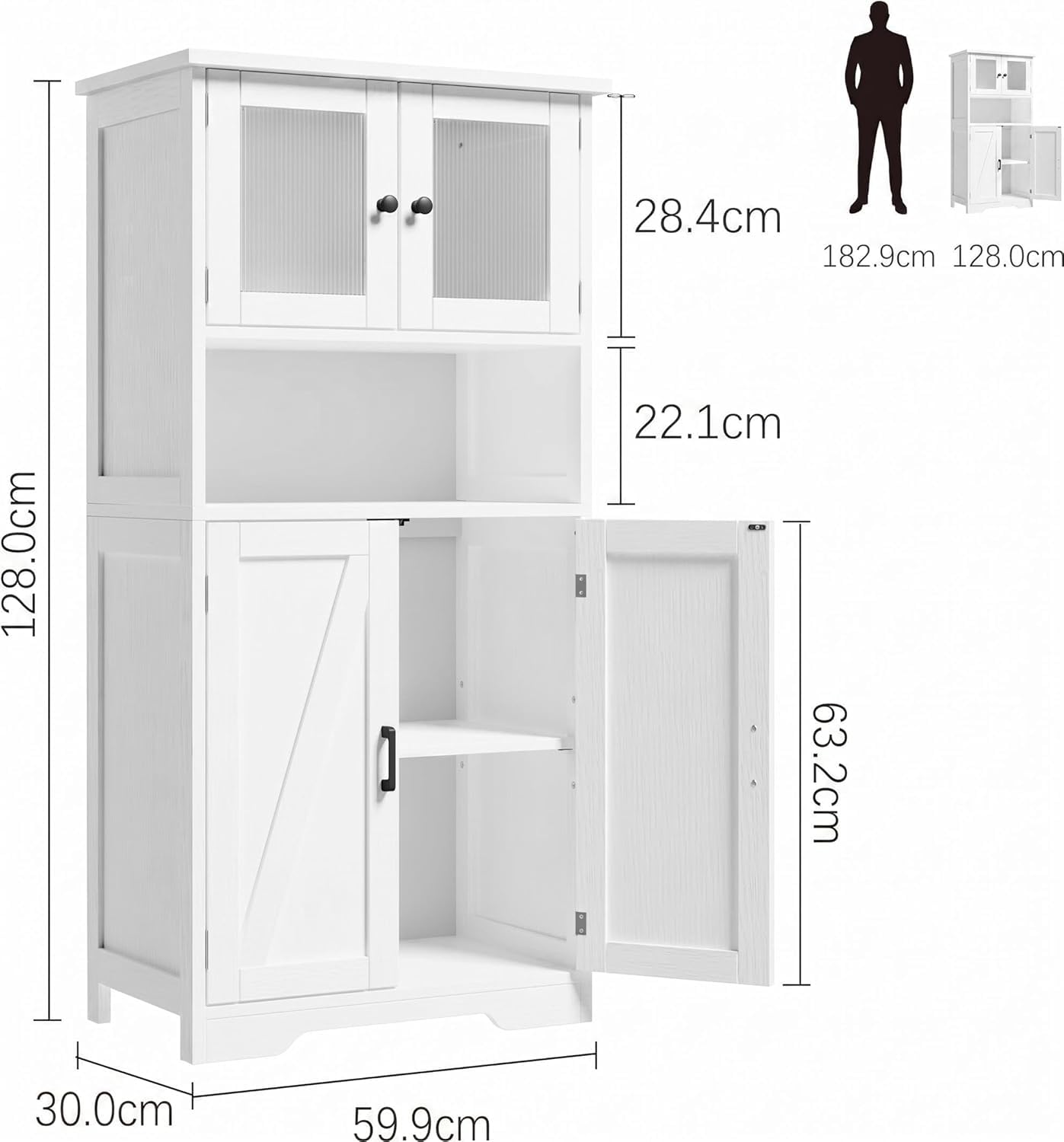 Zstar 50.4" Gabinete De Almacenamiento Grande De MDF con 4 Puertas y 1 Compartimento Abierto, 2 Puertas De Vidrio, Estantes Ajustables para Cocina, Dormitorio, Sala o Pasillos, Blanco.