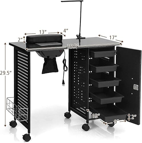 Miniatura 3 de Giantex Mesa de manicura, mesa de uñas con colector de polvo, reposamuñecas, lámpara LED flexible, armario de 5 cajones con llaves, ruedas con