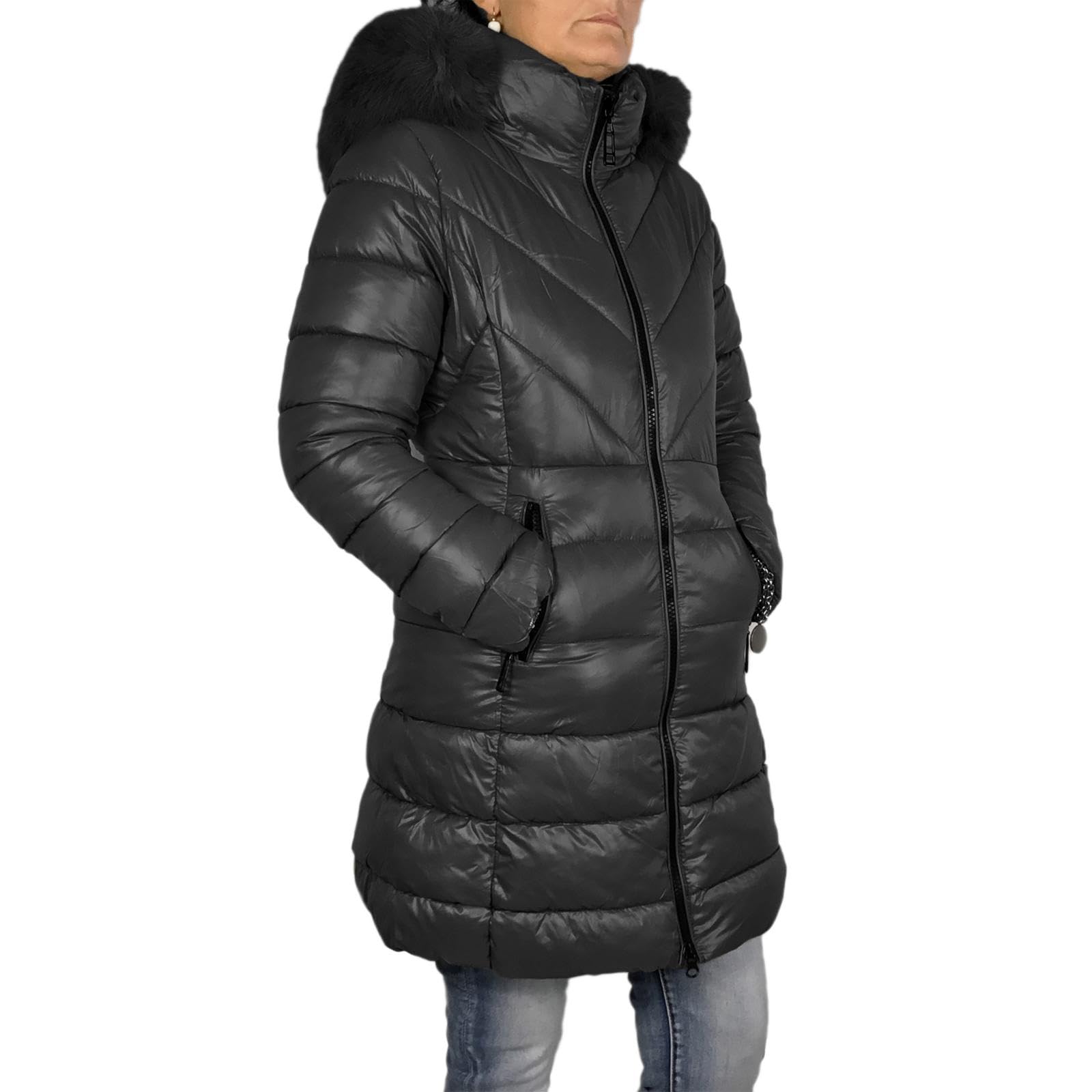 Piumino Donna Invernale Lungo Imbottito con Cappuccio in Pelliccia Giubbotto Invernale Elegante Casual