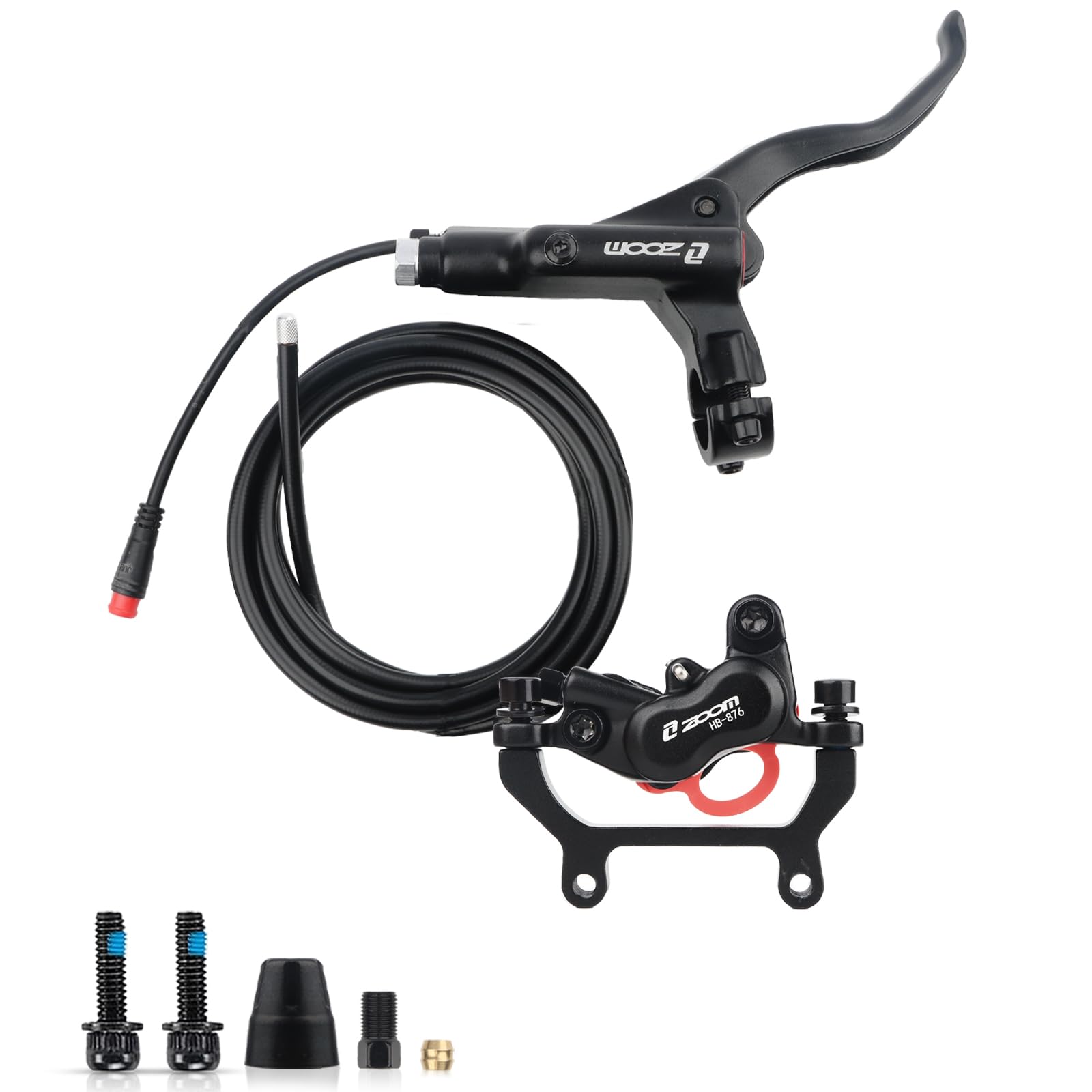 ZOOM EBike Hydraulic Disc Brake Set: HB-876E 4-Pistons 2-PIN Power-Off Sensor Electric Bicycle Right Brake Levers with Rear Calipers PM/is Adapter