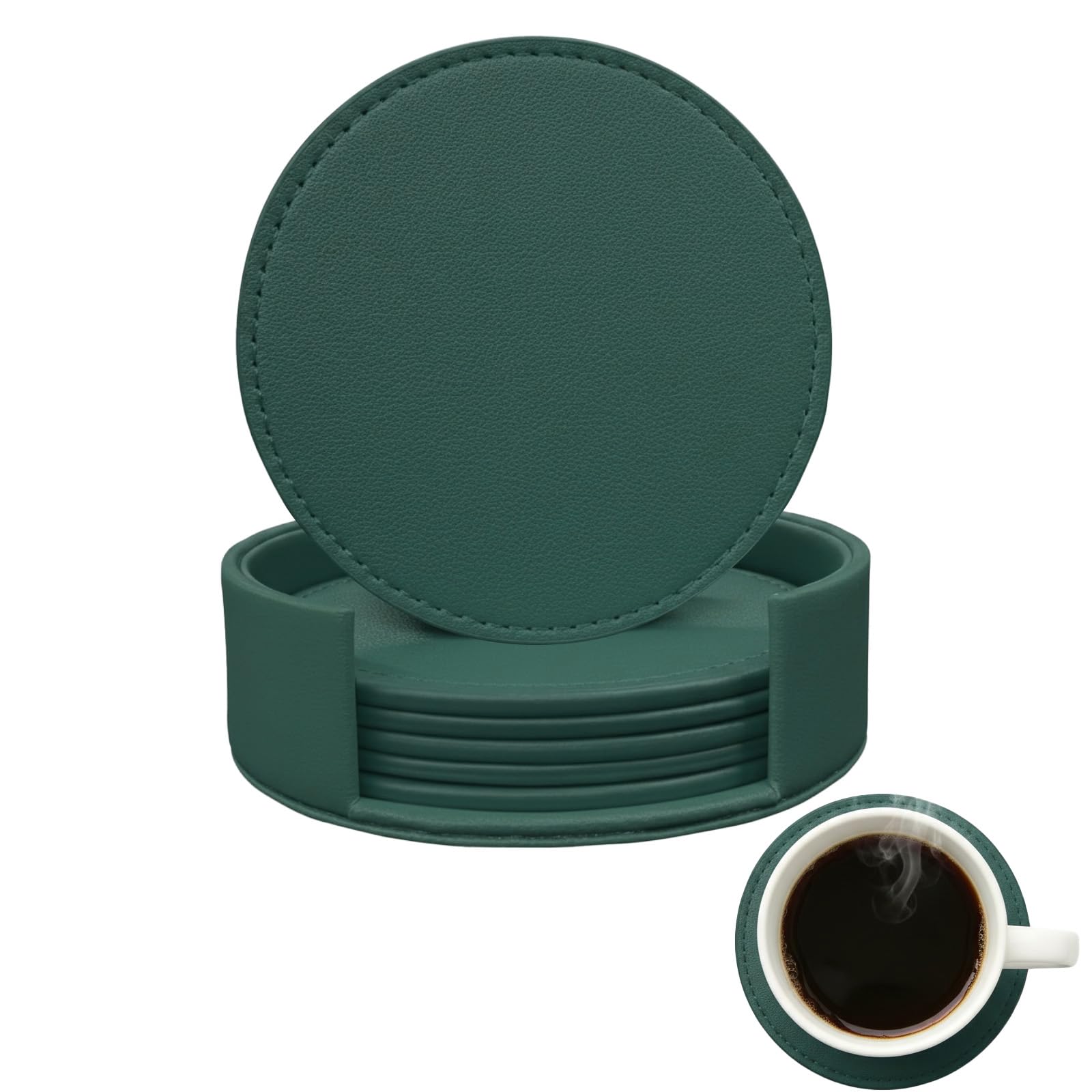 Coasters Set of 6 Soft Leather Drink Coaster Round Coaster with Sewing Around, Suitable for Various Cups, Wooden Tables, Home Decoration and Housewarming Gifts (Green)
