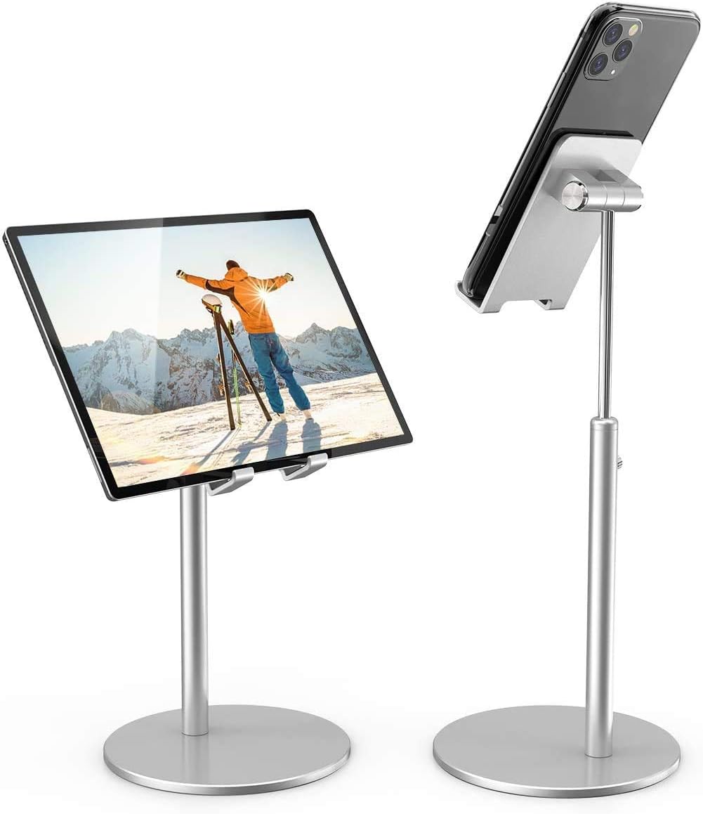 KAERSI iPad Stand Adjustable for Desk, Tablet Stand Phone Holder Adjustable Height Compatible with iPhone iPad Pro 11, 9.7, 10.5 Air Mini 4 3 2, Kindle, E-Reader, All Phones (4-12'') - Silver
