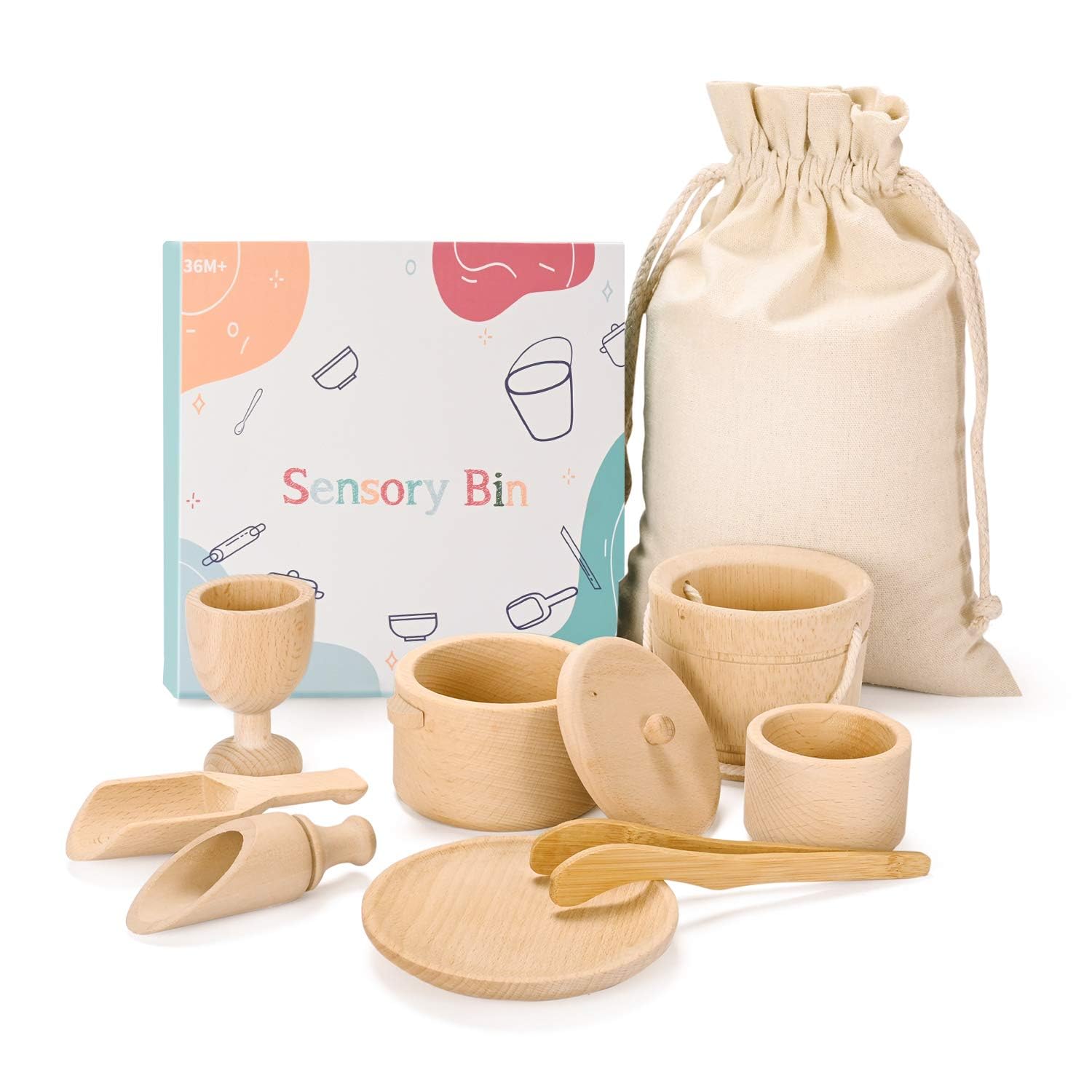 Montessori Toys Sensory Bin Toys for Toddlers Set of 9 Wooden Waldorf Toys Wooden Scoops and Tongs for Transfer Work and Fine Motor Skills Development