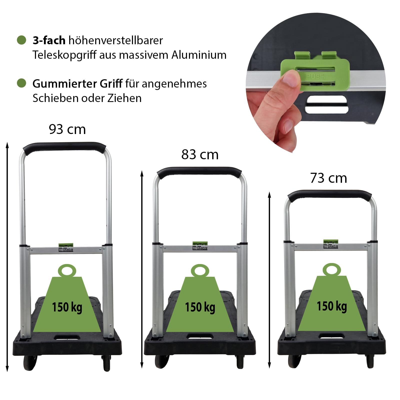 TRUTZHOLM Plattformwagen klappbar 150 kg Tragkraft Ladefläche 68x40 cm 3-Fach höhenverstellbare Teleskopstange Transportwagen Rollwagen Transportkarre Klappwagen Transporthilfe Handwagen