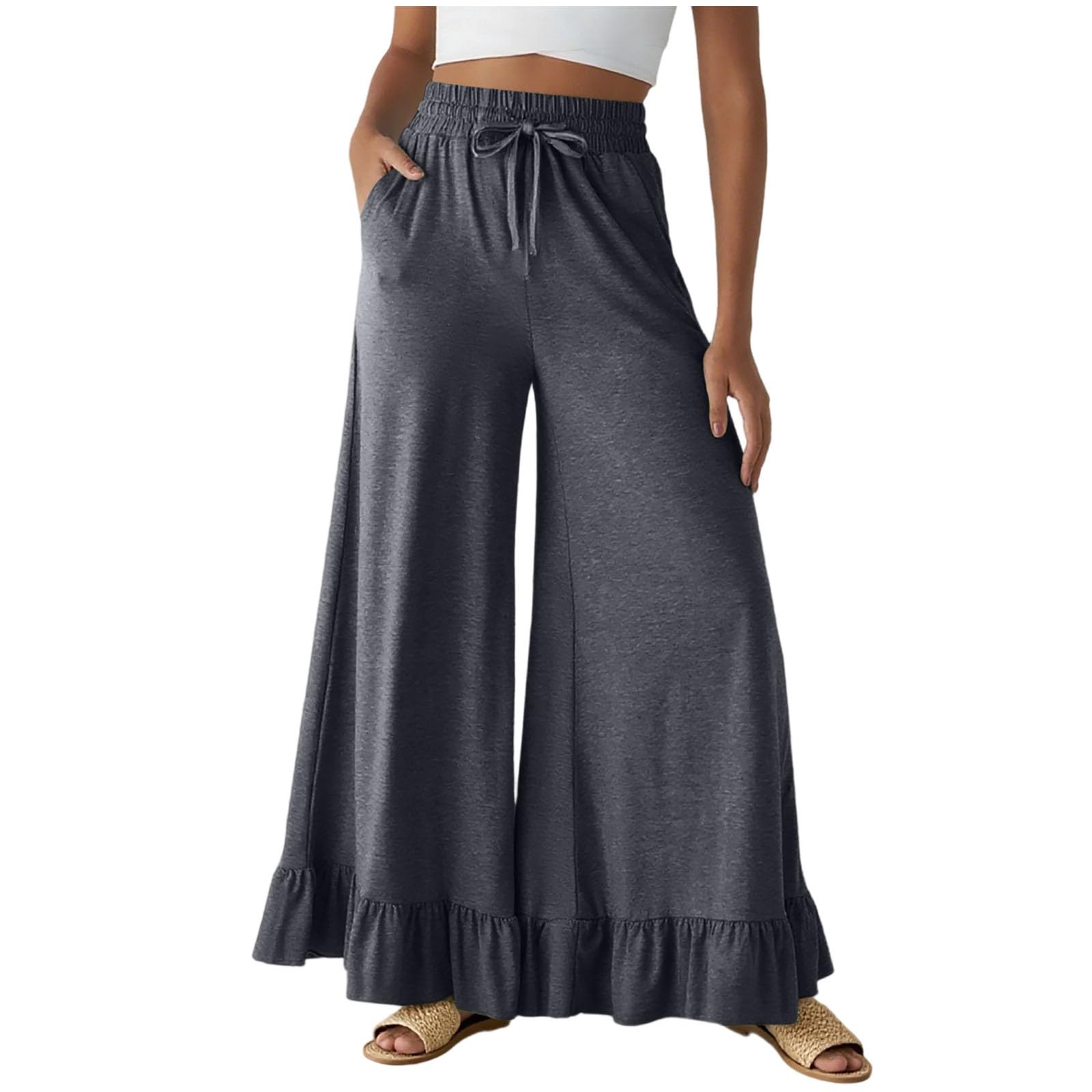 Womens Casual Palazzo Pants Ruffle Hem Wide Leg Trousers Drawstring High Waist Baggy Loose Fit Lounge Pants Pockets