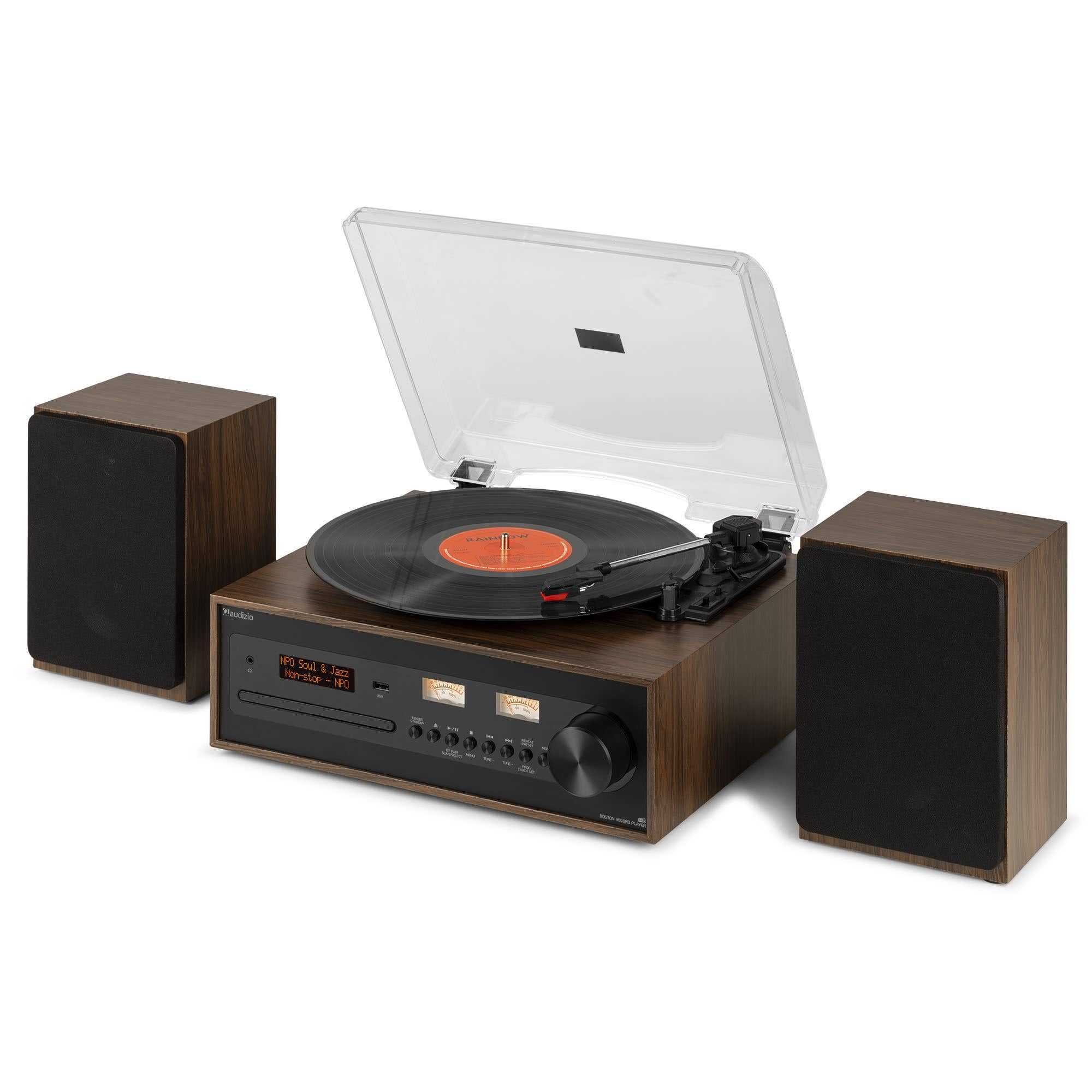Audizio Boston Retro HiFi Giradischi Bluetooth CD MP3 USB, Radio Dab+, Altoparlanti Stereo, Ingresso AUX, Uscita Cuffie, 3 velocità, Telecomando e Vummetri illuminati