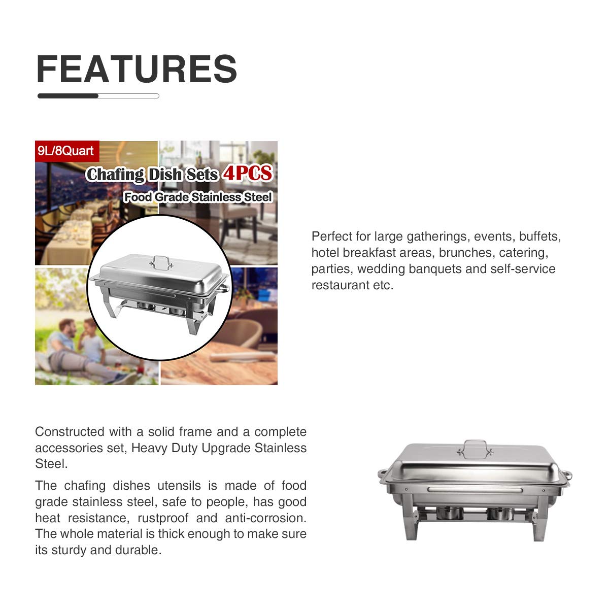 Chafing Dish Catering Buffet Set, 9l Acciaio Inossidabile Chafing Dish Rettangolo Food Warmer Buffet Server Piatti di Servizio per La Cena Ristoranti Banchetti Feste di Nozze