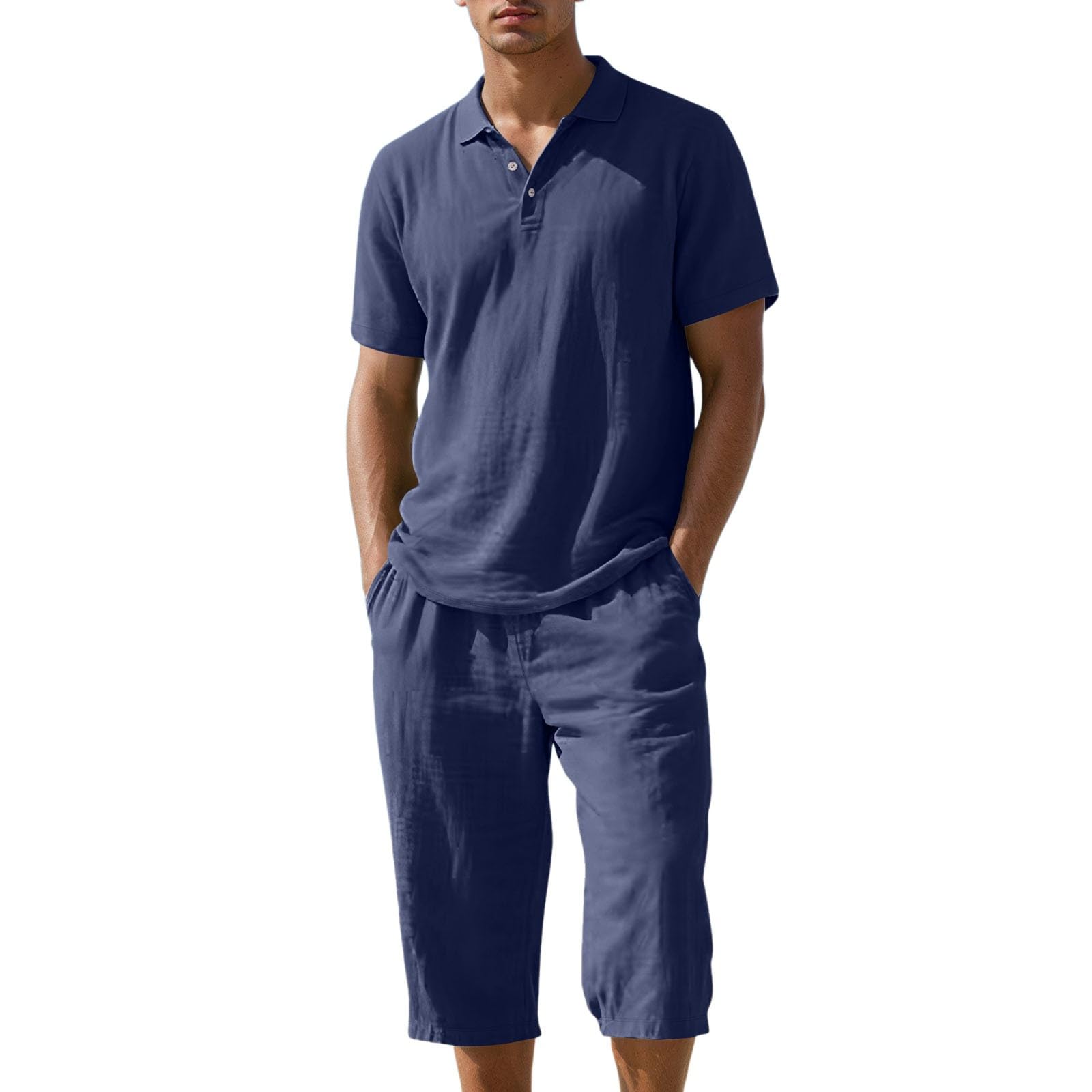 Homme Polo Shirt Manches Courtes et Short Mode 2 Pièce Décontractés Shorts Jogging Fitness Élastique Eté Hommes Casual Coton Et Lin 2 Pièces Mode D'été ConfortableShirt Short 2 Pièces