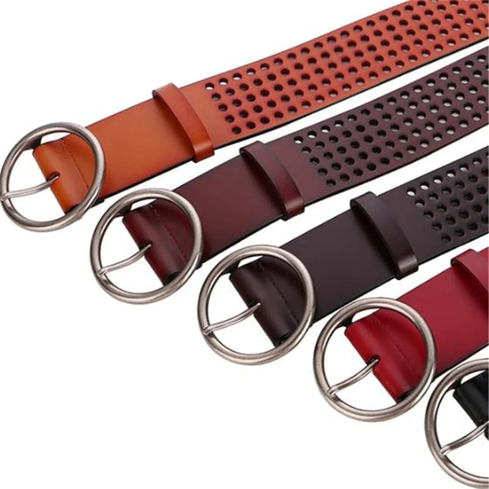 Pohullan Women Belt For Dress Hollow Out Leather Wide Waist Belt Round Buckle Solid Holes Belt4