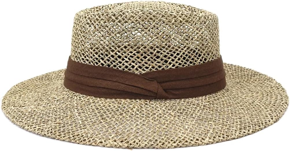 Women Solid Handwork Straw Hat Wide Brim Flat Top Vintage Outdoor Straw Casual Sun Hats