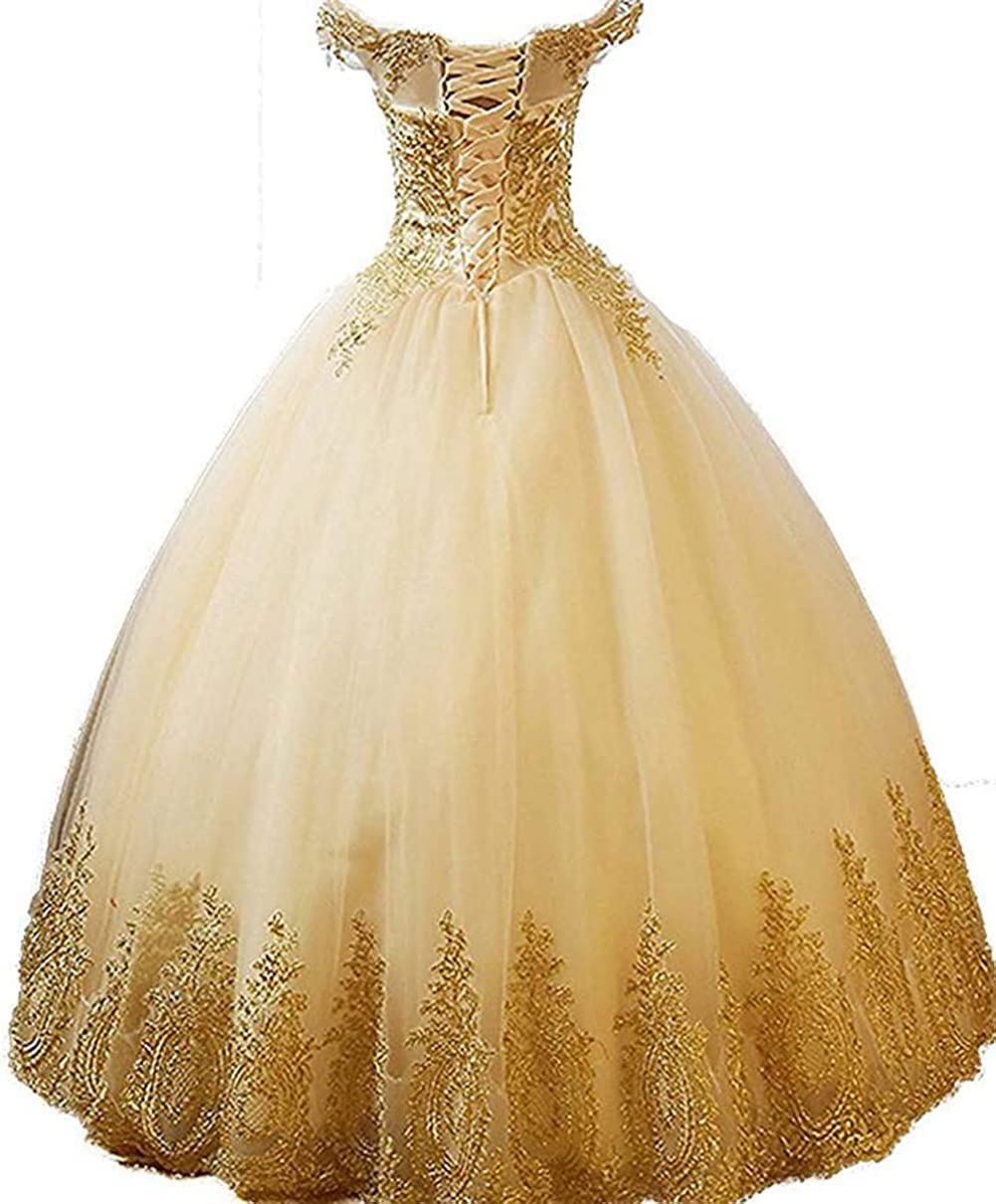 QXMYOO Vestido de Baile Sweet 16, Vestido de quinceañera Formal Largo con Apliques Dorados