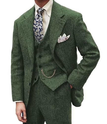 BONOW Green Mens Tweed Suits Slim Fit 3 Pieces Wedding Grooms Herringbone Suit for Men Tuxedos Jacket Vest Pants Green M