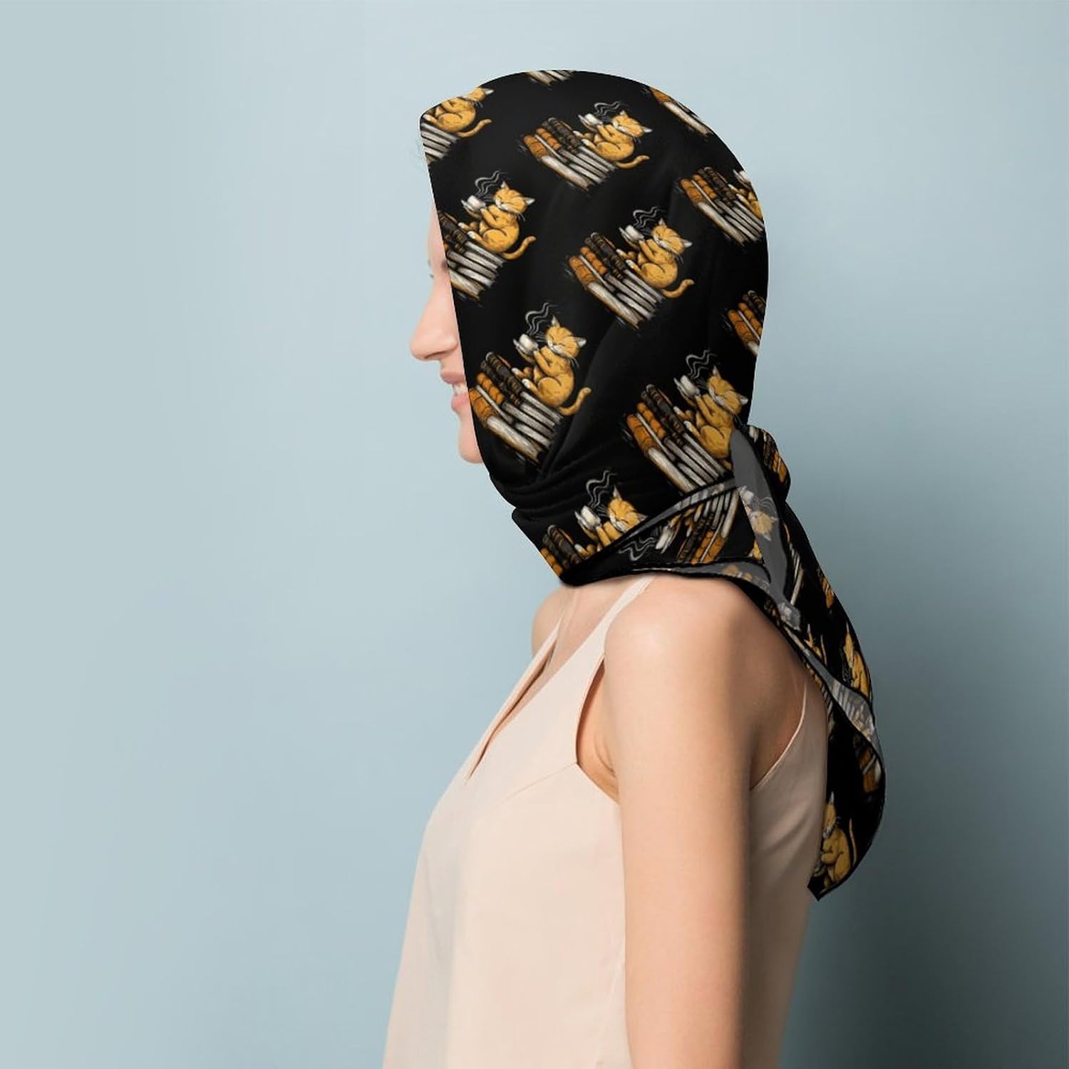 Funny Cat Reading Book Silk-Like Square Scarf for Women Vintage Printed Neck Scarf Bandanas Hair Scarves