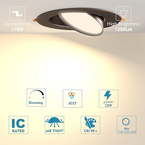 Miniatura 5 de Lightdot Iluminación empotrable con cardán de 6 pulgadas, 12 W  120 W, 1200 lm, súper brillante regulable de 6 pulgadas, luz LED de techo