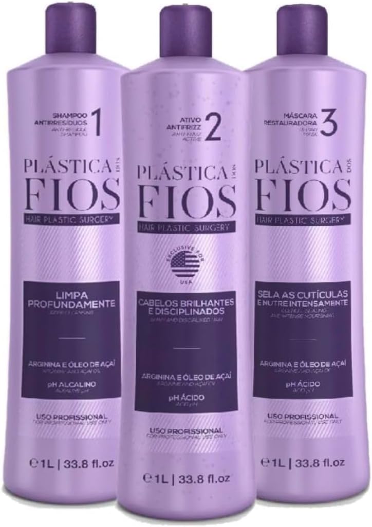 (3x1 Litter) Plastica Dos Fios Brazilian Keratin Hair Smoothing System, Anti Residue Shampoo And Repair Mask - The Best Treatment System (Set of 3)