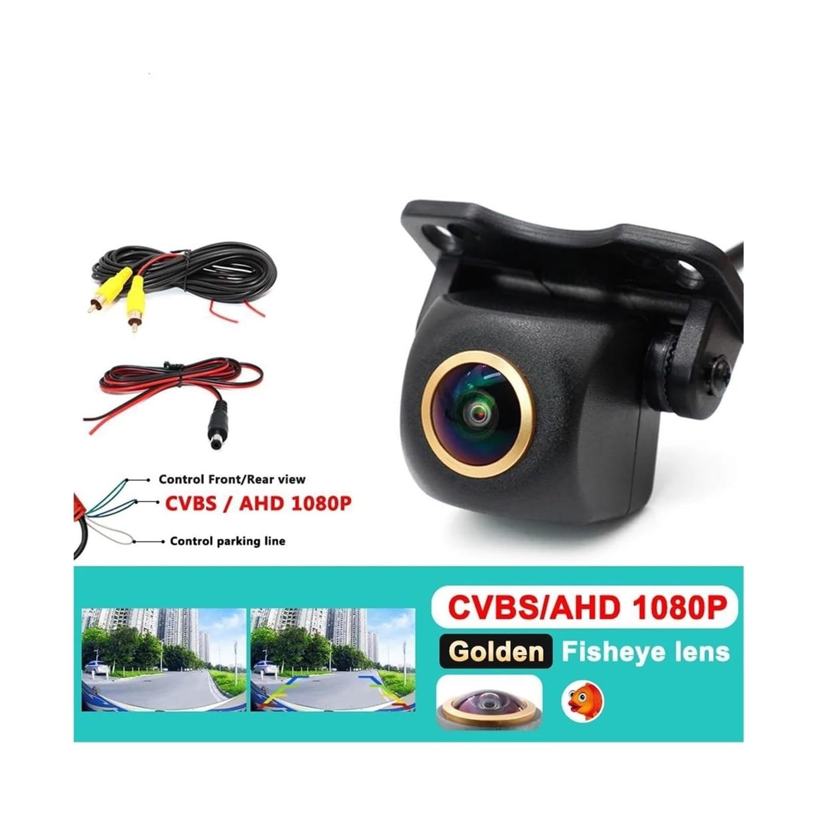 Kit De Asistencia Estacionamiento Visión Nocturna Inversa Para Coche Cámara Marcha Atrás 180 Grados 1080p Gran Angular HD Cámara Visión Trasera(Golden AHD 1080P)