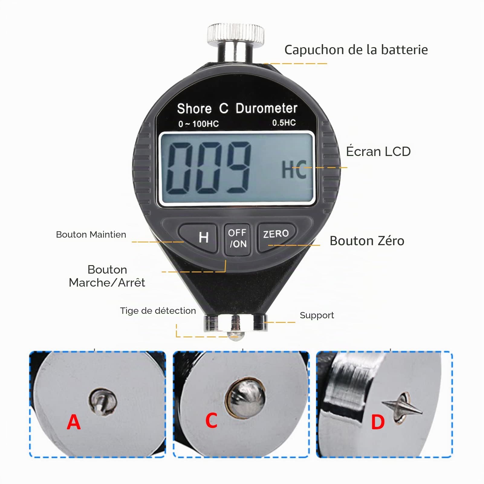 Duromètre LCD, Duromètre Digital 100HD Shore, type C, pour mesurer la dureté du caoutchouc, du gel de silice, des pneus et du plastique