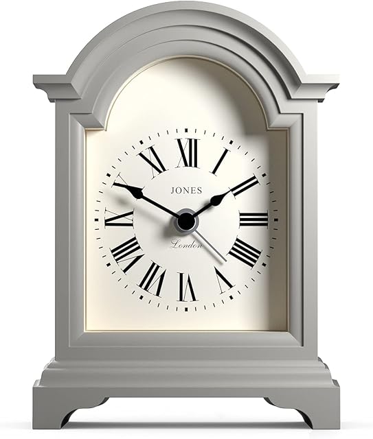 Jones Clocks® Night and Day Alarm Clock - Small Classic Design - Small Clock - Bedroom Clock - Living Room Clock - Desk Clock - Mantel Clock - Roman Numeral Dial (Overcoat Grey)