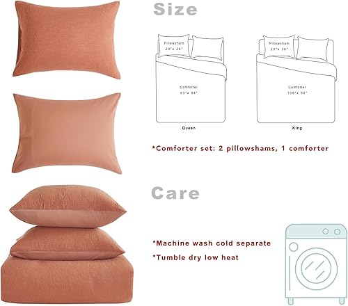 Miniatura 4 de Juego de edredón de lino y algodón tamaño King, color naranja quemado, extra suave, lavado, juego de ropa de cama de 3 piezas (1 edredón, 2 fundas