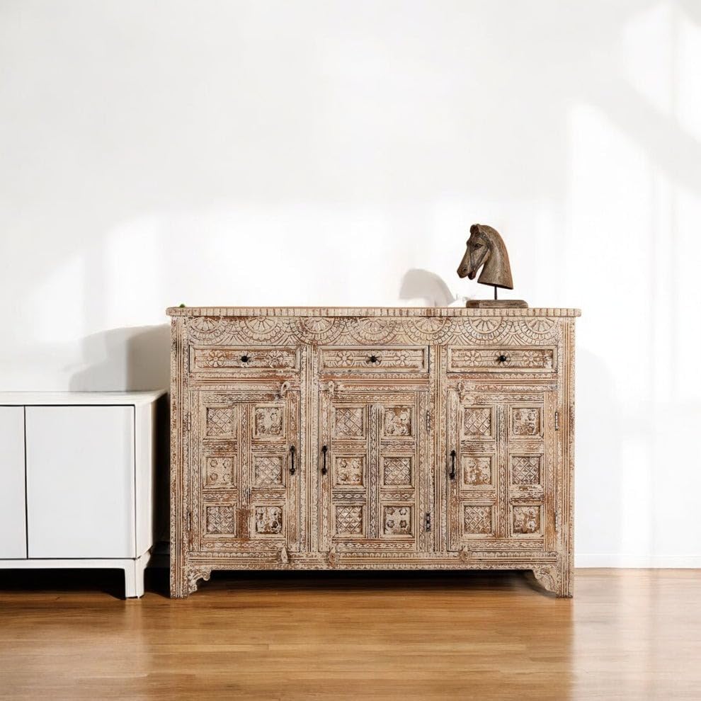 TGF Furniture Store Vintage Hand-Carved Sideboard Cabinet – 3 Door and 3 Drawer Wooden Storage Unit with Decorative Panel Design – Distressed White Finish Console for Living Room-image-0