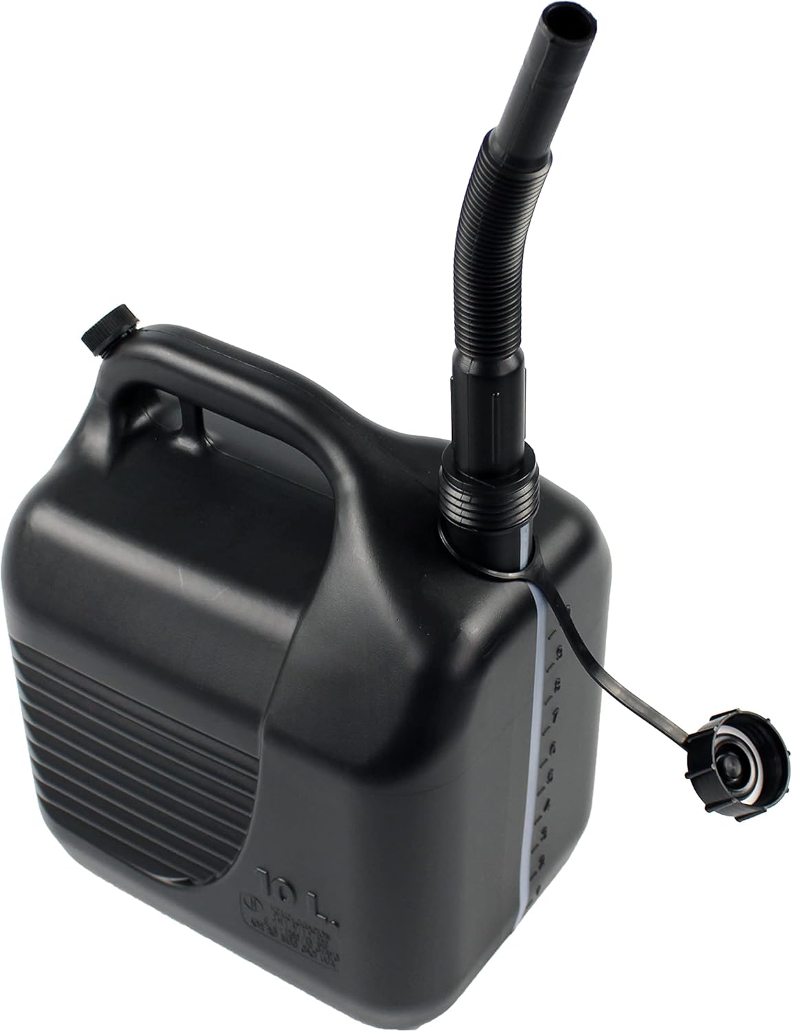 Tayg 10 Litre homologated fuel can, showcasing its durable polypropylene construction, integrated measurement strip, and flexible pouring spout.