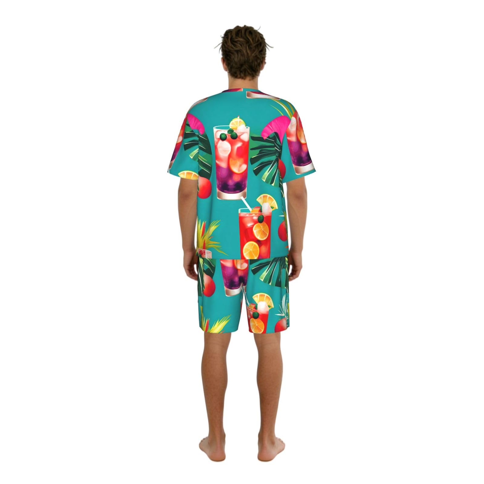 Conjunto de pijama clásico con estampado de cócteles tropicales, pantalones cortos de pijama suaves para hombre, perfecto para las noches de verano