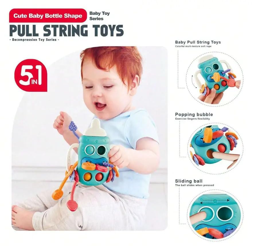 Image of Cable World 5 in 1 Montessori Pull String for Babies & Toddlers | Silicone Sensory Teething Toy with Pop Bubble, Sliding Ball & Textured Rings | Educational Fine Motor Skill Toy for Baby