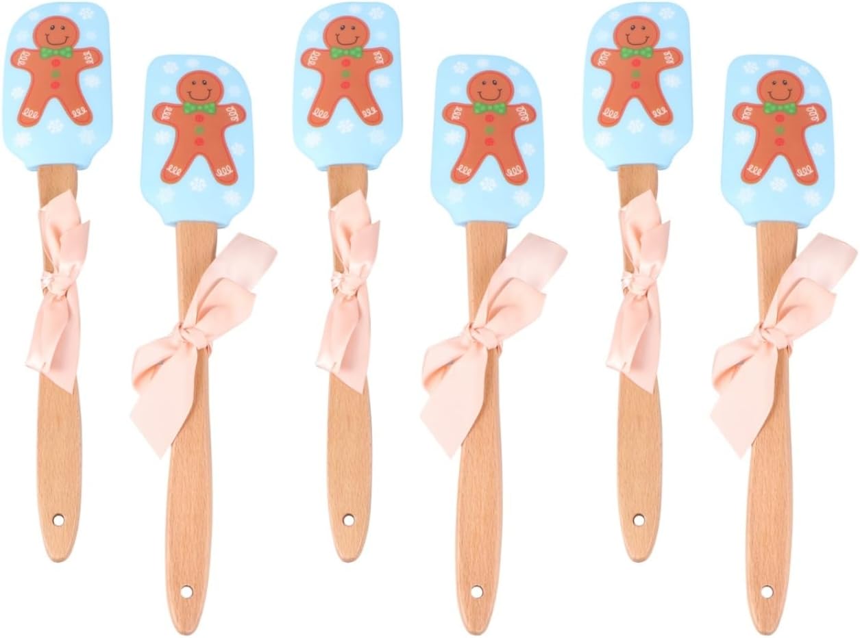 Luxshiny 6Pcs Christmas Silicone Spatula Set: 12Inch Christmas Spatula with Wooden Handle Xmas Dish Scraper Kitchen Utensil for Cake Cooking Baking Cookie Mixing Stirring Butter Cream