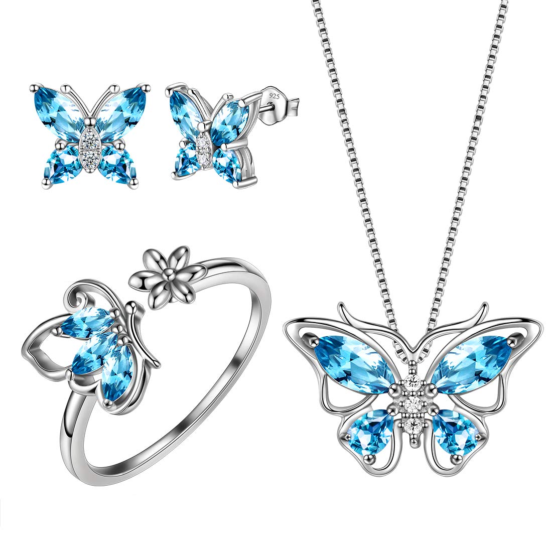 - Butterfly Jewelry,Women 925 Sterling Silver Butterflies Birthstone Pendant Necklace/Earrings/Rings Wedding Gift