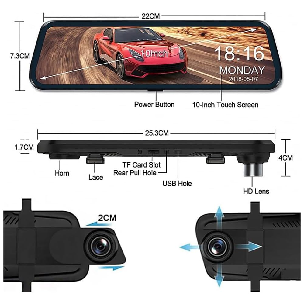 pour Nissan Juke 2010-2025 Dash Cam Rétroviseur, 10" Écran Tactile Caméra de Voiture 2K Avant et 1080P Arrière, Vision Nocturne,2K+1080P+WiFi