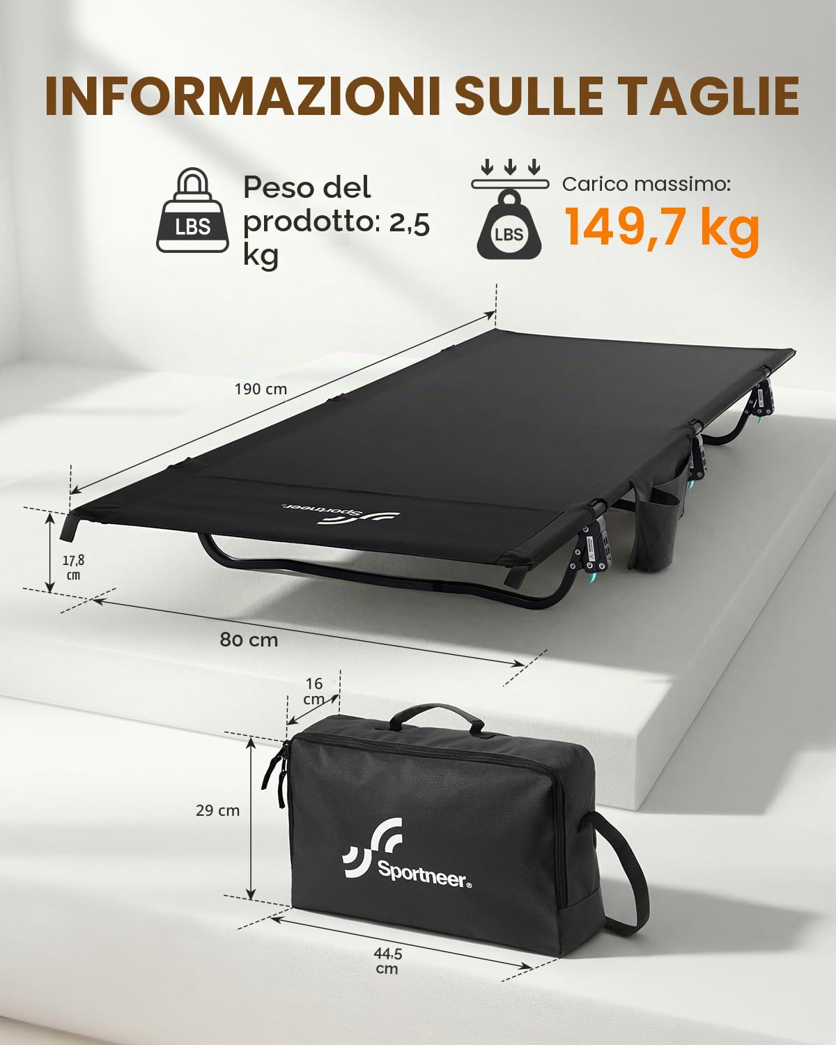 Sportneer Lettino da campeggio pieghevole: 80 cm, extra largo, compatto, con tasca laterale, leggero per tenda da viaggio, borsa di trasporto inclusa, facile da installare