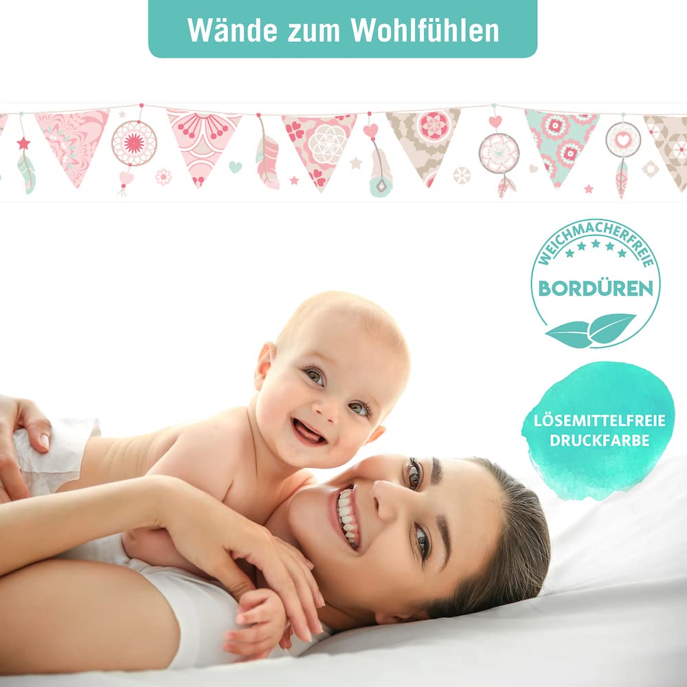 Bordüre selbstklebend TRAUMFÄNGER ROSA BEIGE - Wandbordüre Kinderzimmer Babyzimmer mit Wimpel - Wandtattoo Schlafzimmer Mädchen – Wanddeko Baby Kinder