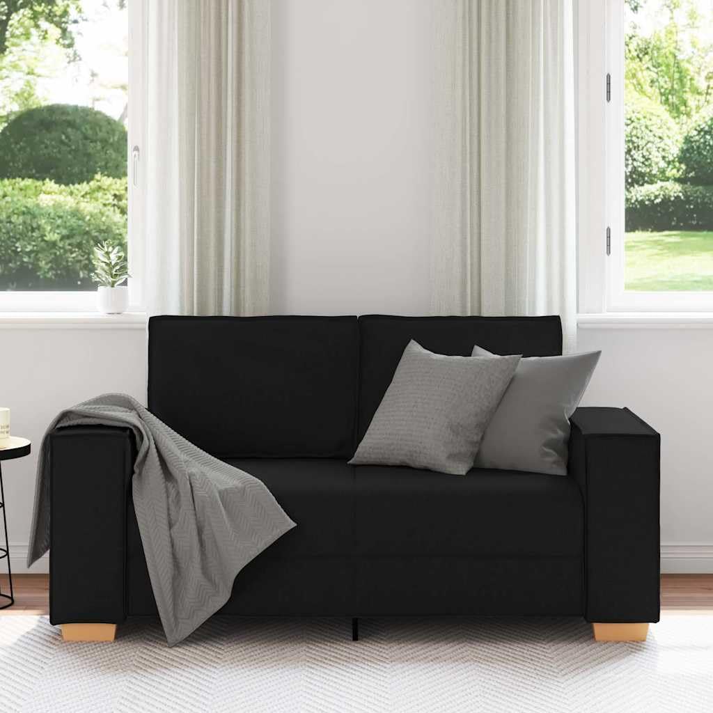 Sofa 2-osobowa, czarna, 120 cm, materiał do salonu z szerokimi podłokietnikami, stabilna rama drewniana, przytulny mebel do małych pomieszczeń