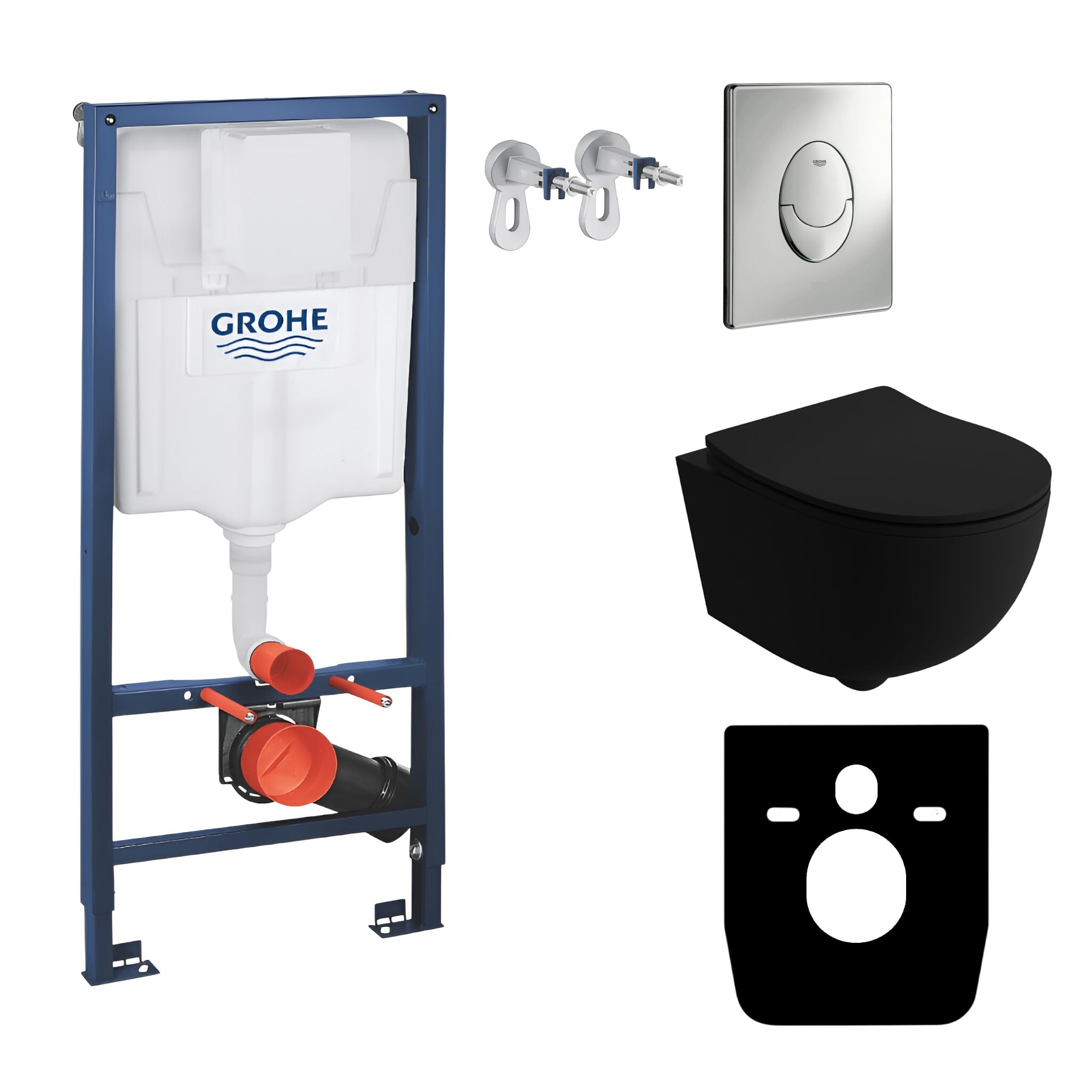 LAVITA Vorwandelement Solido Start + Wand Hänge WC Brava Schwarz Spülrandlos + WC-Sitz SoftClose Verchromter Knopf Komplettset Unterputz Spülkasten Toilette Komplett Sett WC
