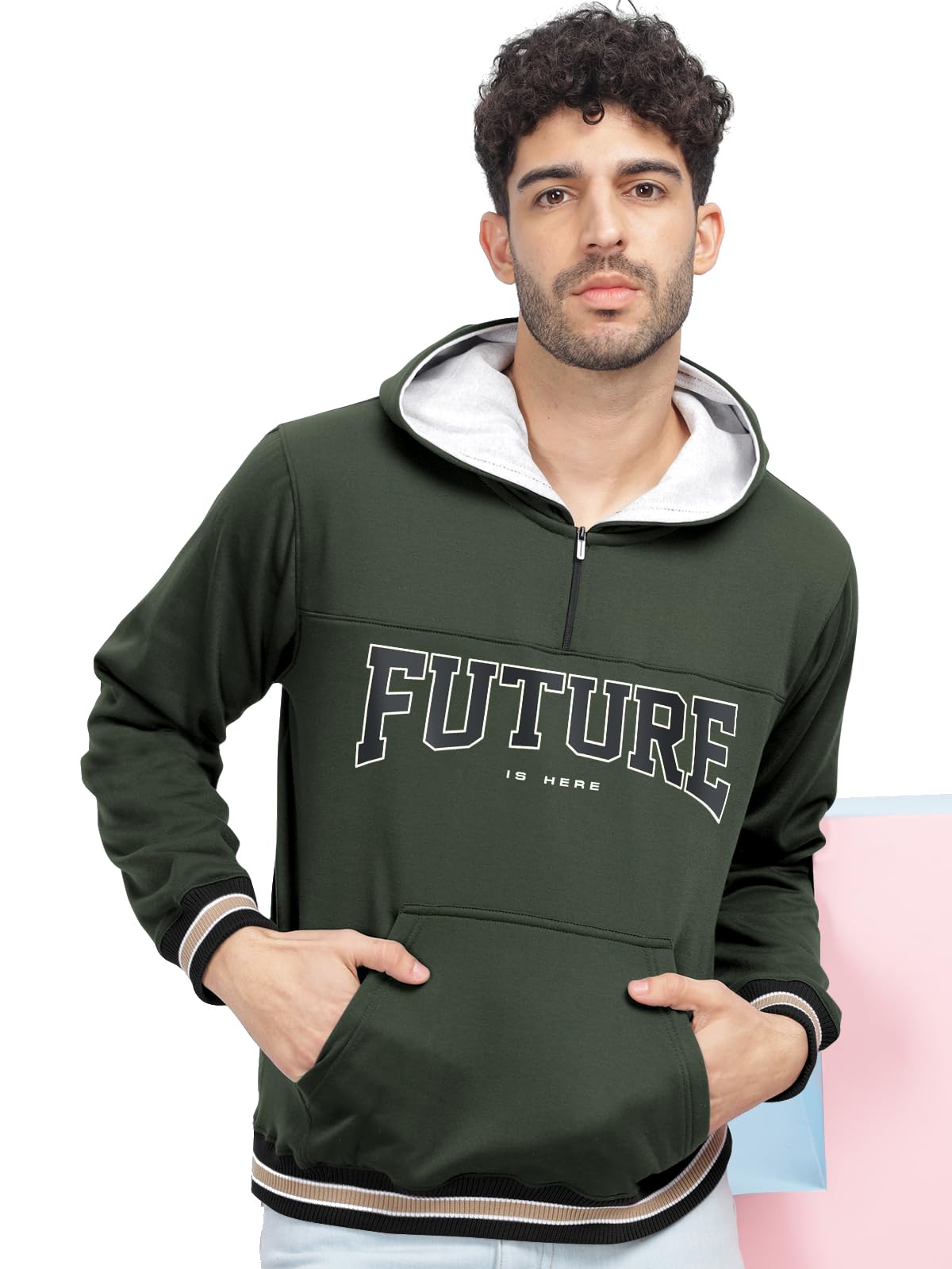BULLMER Orange Trendy Printed Fleece Hoodie Sweatshirt for Men