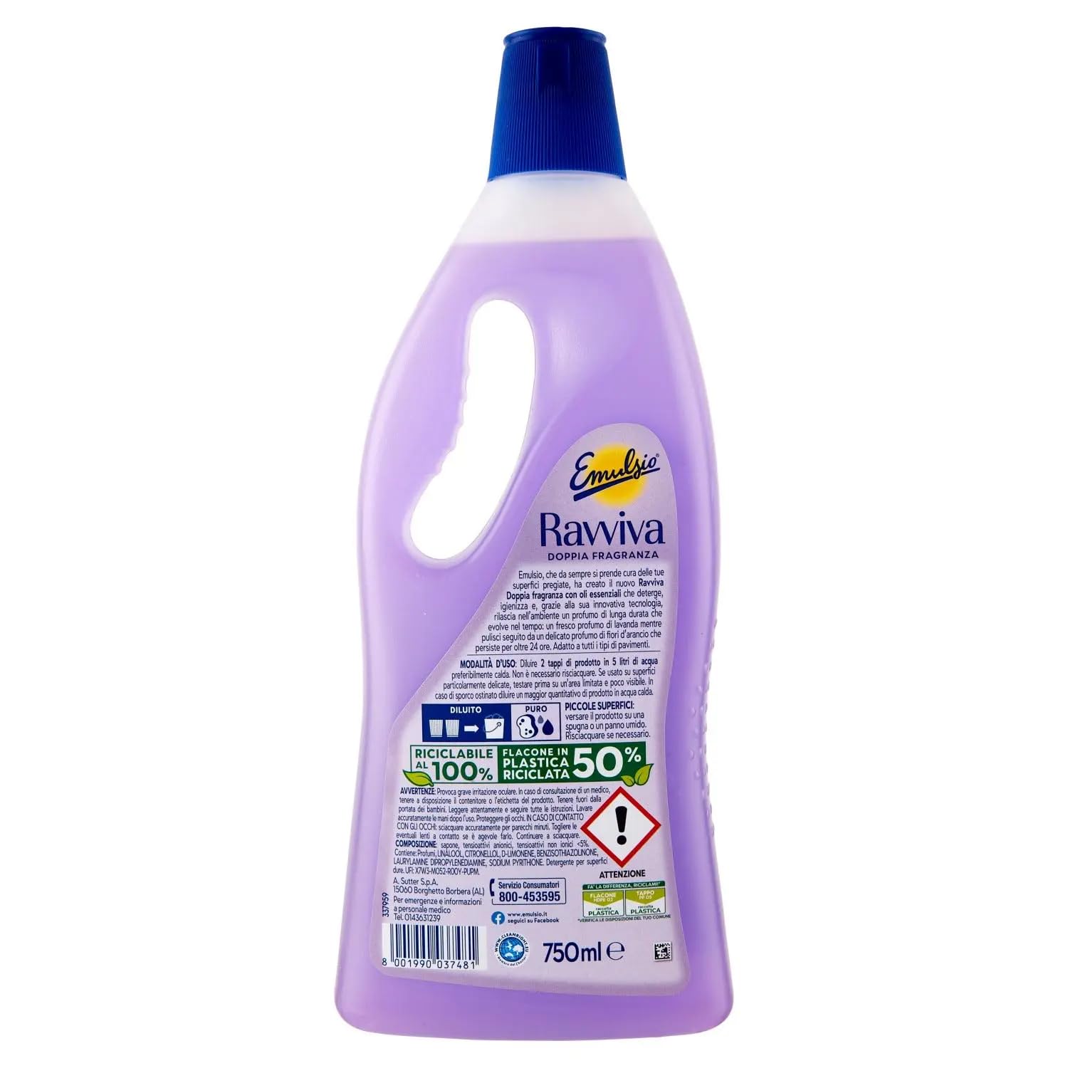 Emulsio Ravviva Detergente Lavanda - Limpiador de suelos adecuado para todo tipo de suelos, aroma a lavanda y aroma a tiaré, 750 ml + llavero Beni Culinari gratuito