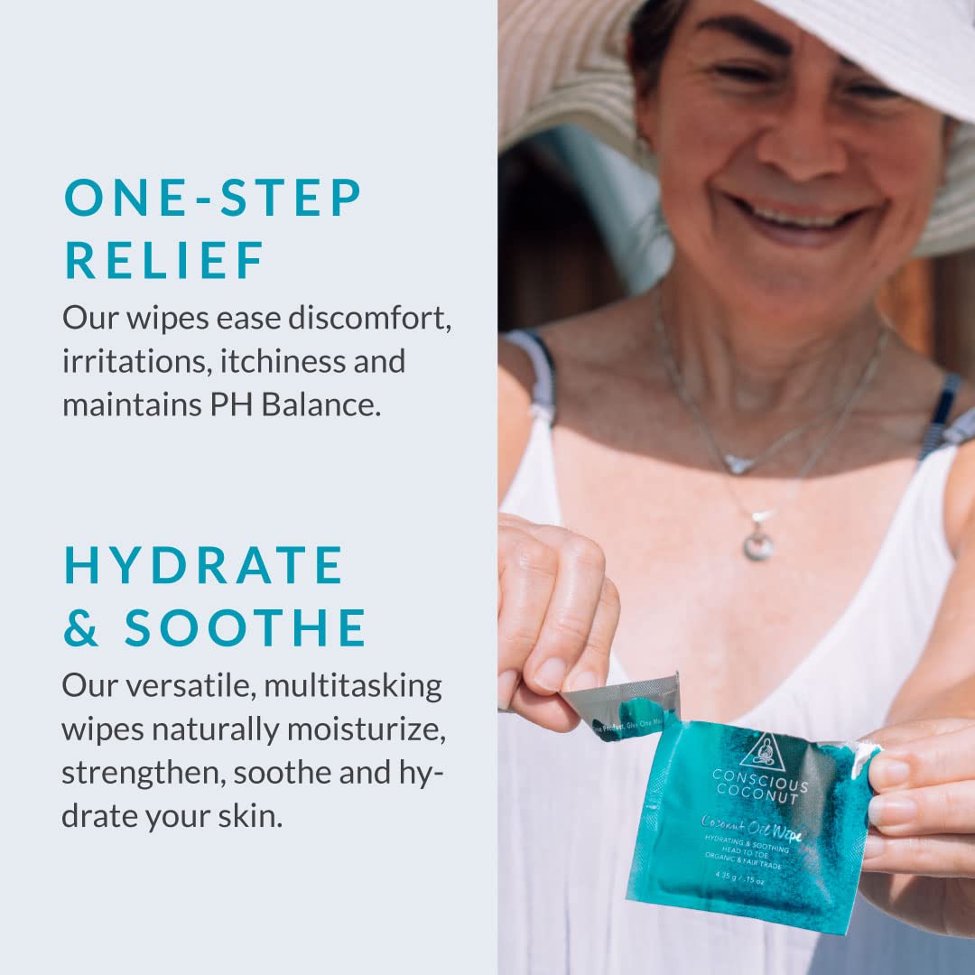 Organic Coconut Oil Intimate Wipes – Sensitive Skin Feminine Wipes, Biodegradable, Individually Wrapped, Moisturizing & Gentle – Ideal for Daily Use