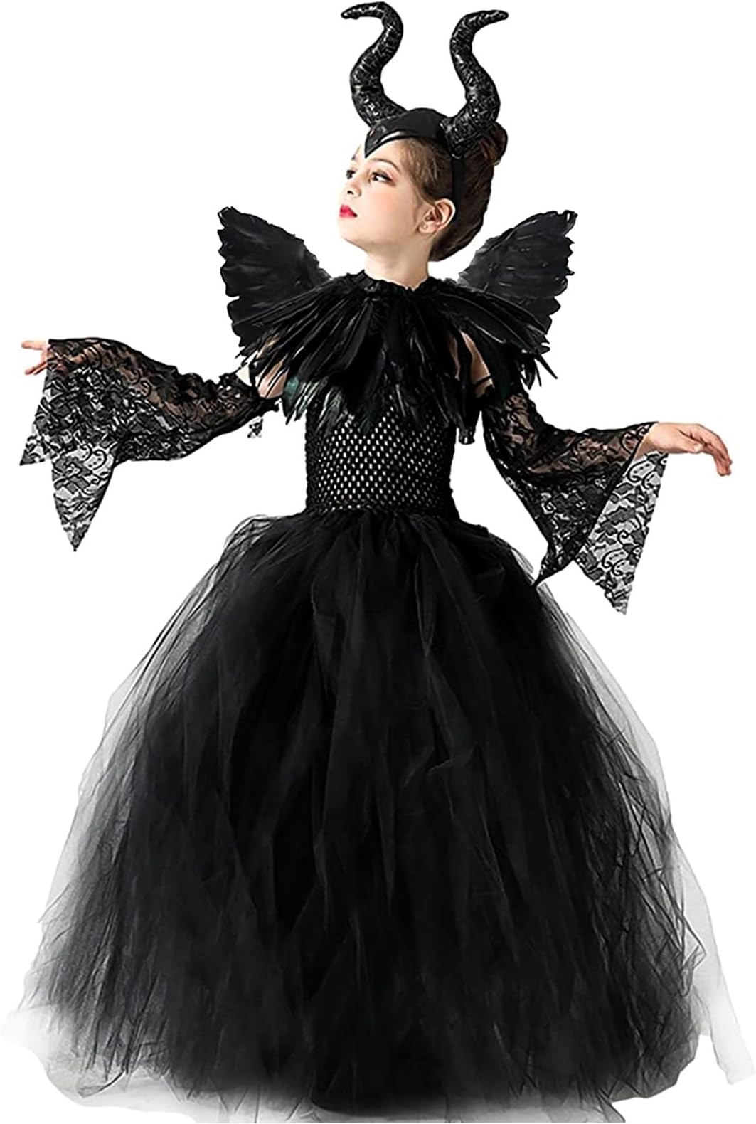 Halloween Maleficent Costume for Girls: Evil Queen Dress Up Costumes Witch Devil Handmade Knitted Tulle Dress Cosplay Black