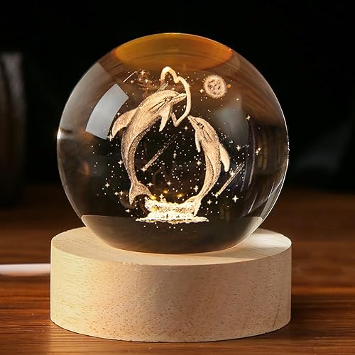 Regalo de delfín - Figurillas de delfines 3D en bola de cristal de 60 mm, esfera de vidrio grabada con láser, decoración del hogar con base de luz