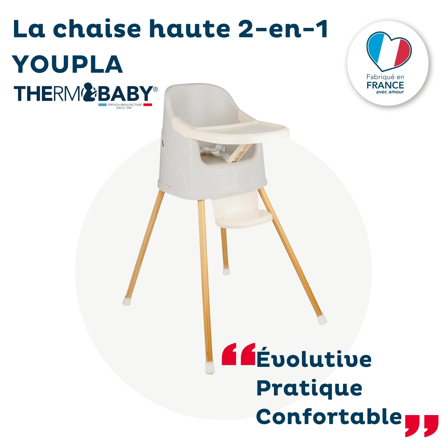 THERMOBABY - Chaise Haute Bébé 2 en 1 Youpla - Évolutive En Rehausseur Chaise Enfant - Tablette Amovible - Harnais 3 Points - Dès 6 Mois, Jusqu'à 3 Ans ou 15kg - Fabriqué En France - Gris velours