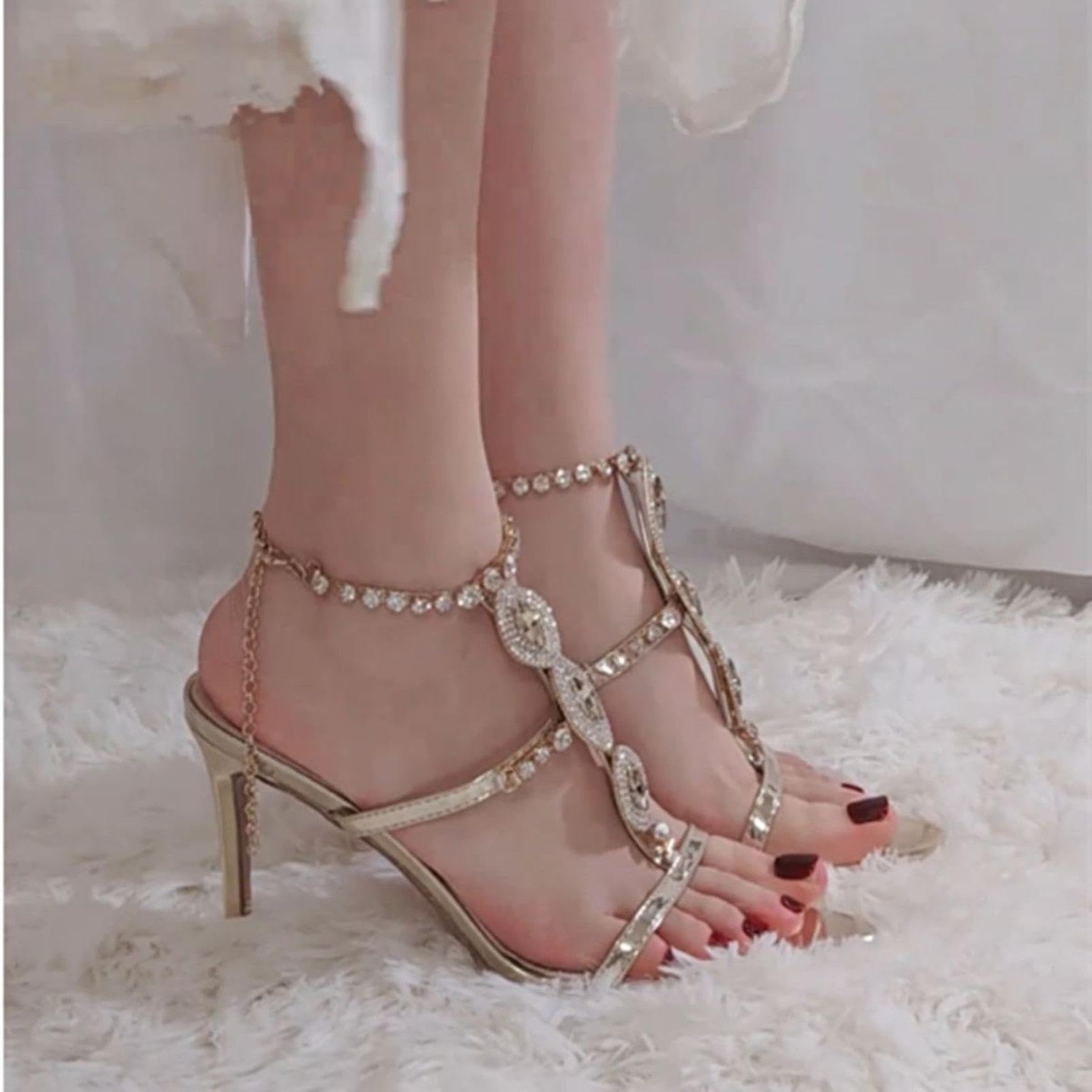 Sandalias Verano Mujer Cadena Pedrería Tacón Aguja Zapatos Boda