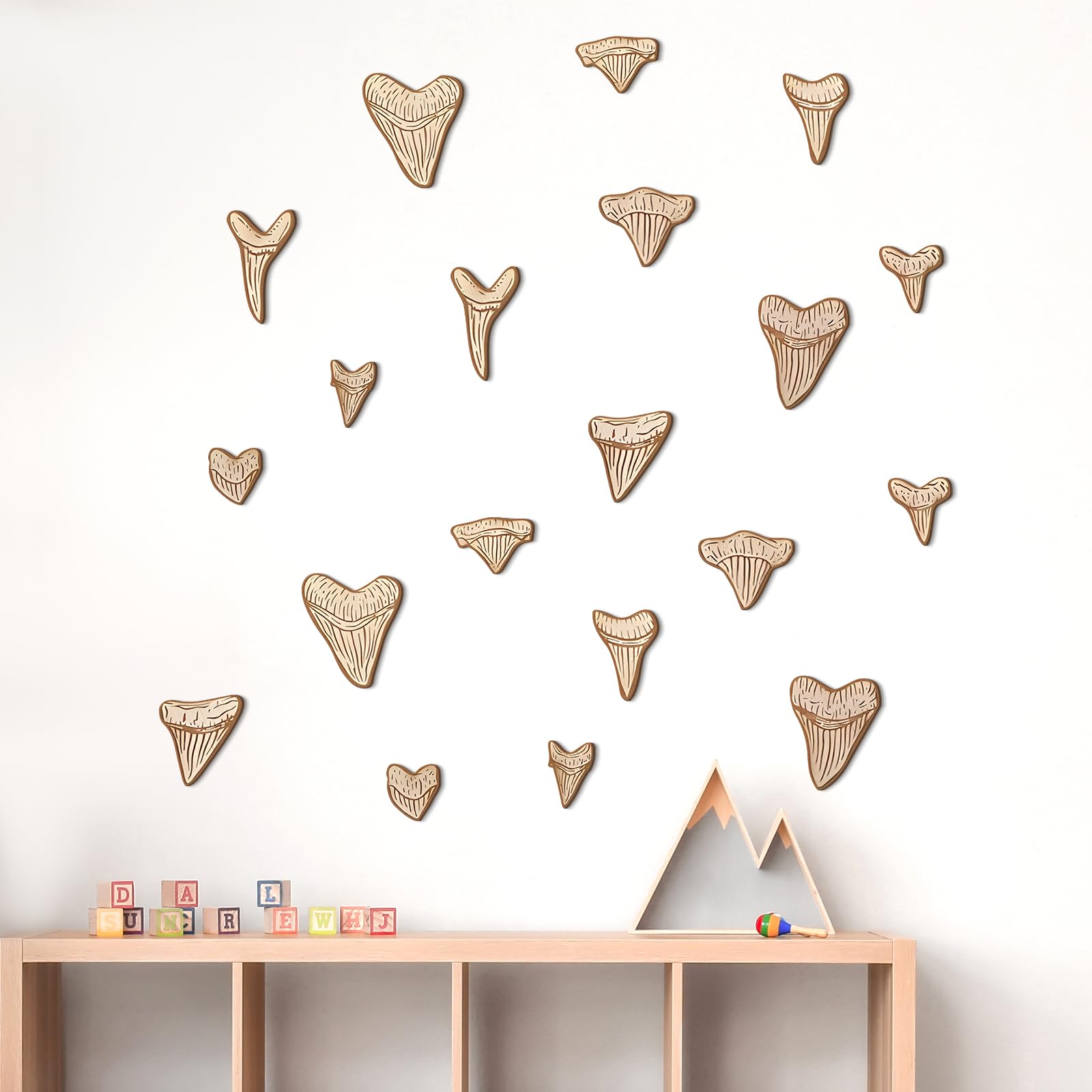 20 Pcs Wooden Shark Tooth Wall Decor Shark Teeth Nursery Wall Art Wood Shark Teeth Fossils for Kid Megalodon Tooth Beach House Wall Decor for Bathroom Bedroom Kid's Room Shark Lover Gift